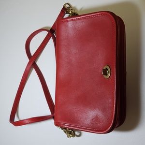 Coach, red leather handbag, long shoulder strap, good contion